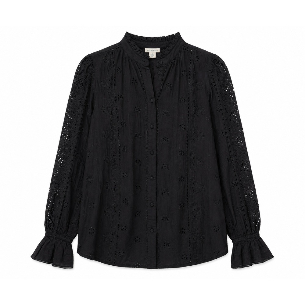 Sundance Broderie Black Eyelet Lace Embroidered Blouse Ruffle Mock Neck XS NWT